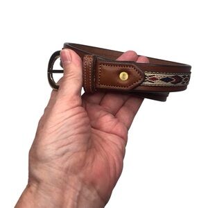 Tory Womens Sz 36 Brown English Bridle Leather Belt Southwestern Aztec NWOT